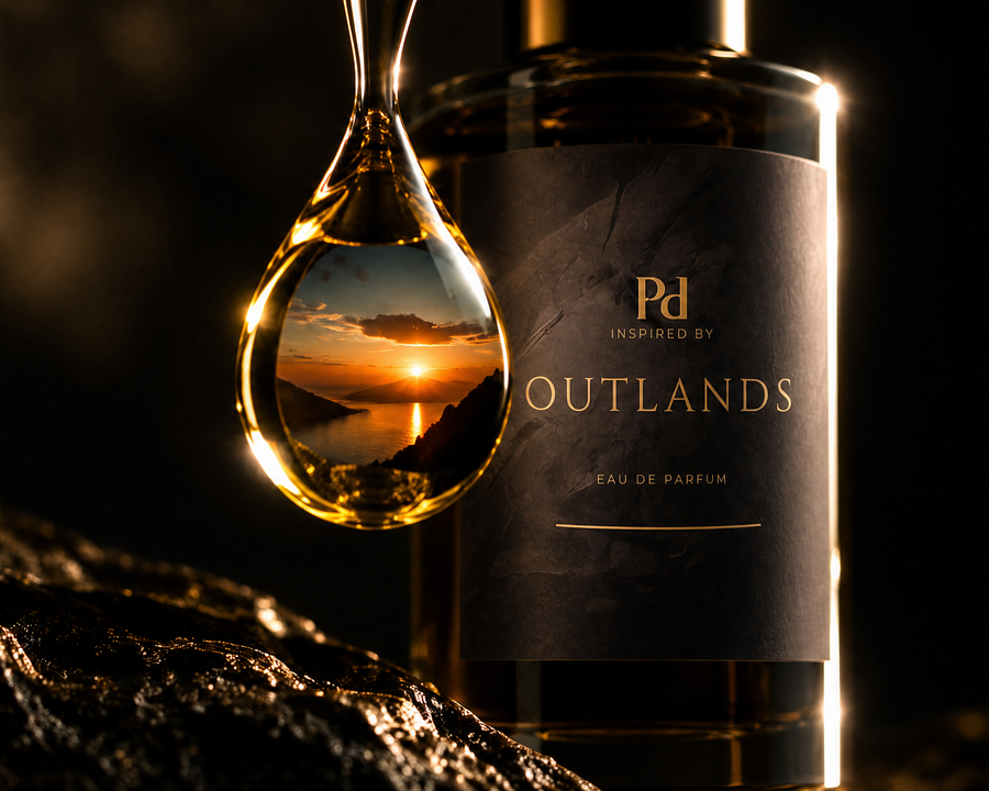 Outlands eau de parfum från Perfume Drops på mörk sten, med en gyllene doftdroppe som speglar ett solnedgångslandskap