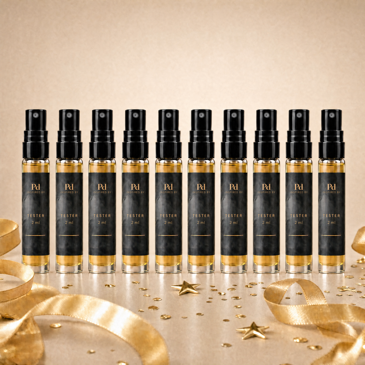Testkit Bästsäljare från Perfume Drops – tio 2 ml parfymprover med guldband och guldkonfetti