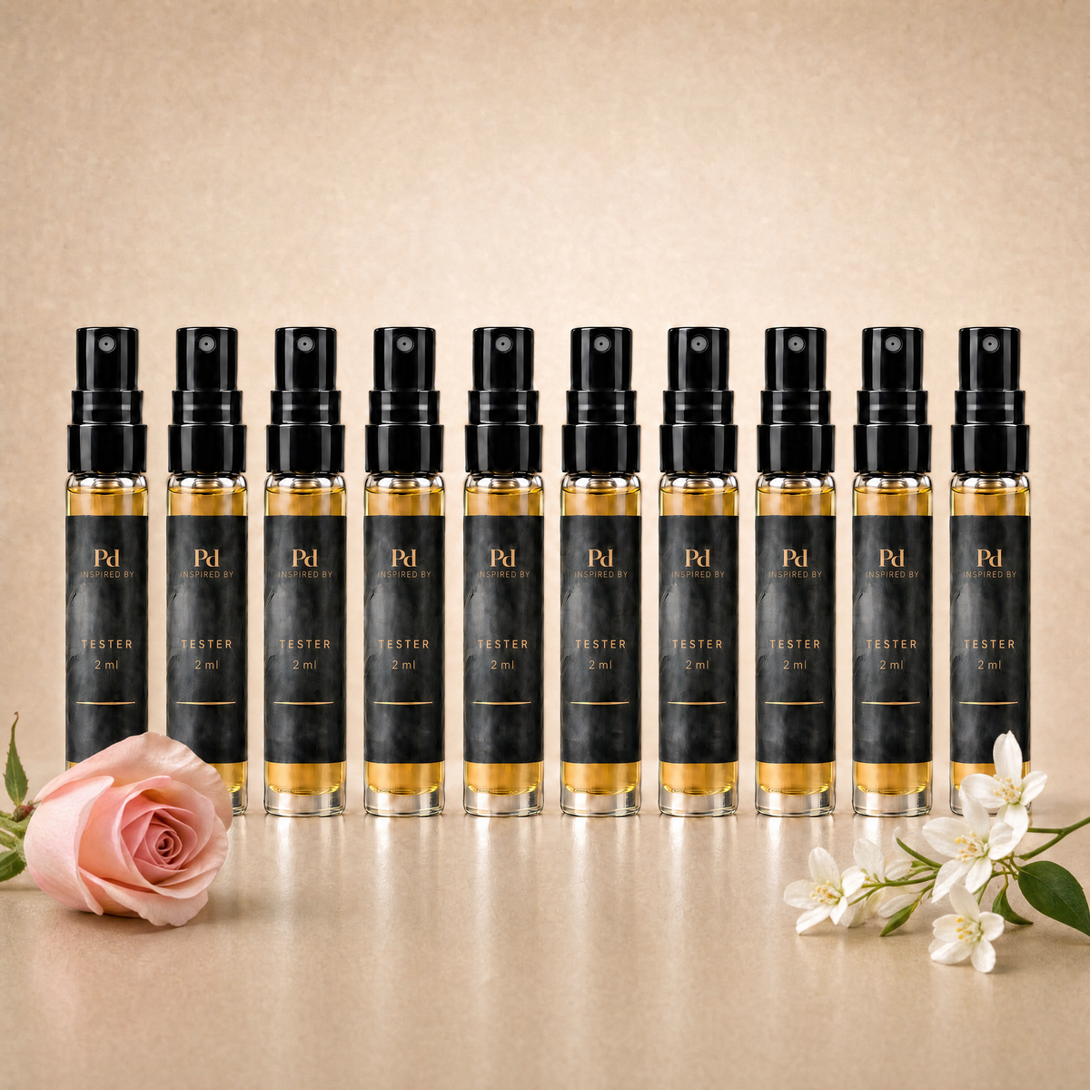 Testkit Blommig från Perfume Drops – tio 2 ml parfymprover med en rosa ros och vit jasmin
