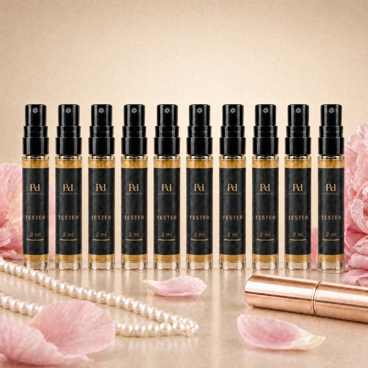 Testkit Dam från Perfume Drops – tio 2 ml parfymprover med pärlhalsband, läppstift och rosa pioner