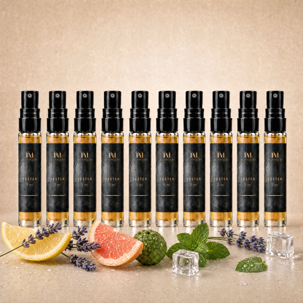 Testkit Frisk & citrus från Perfume Drops – tio 2 ml parfymprover med citron, grapefrukt, bergamott, mynta, lavendel och isbitar