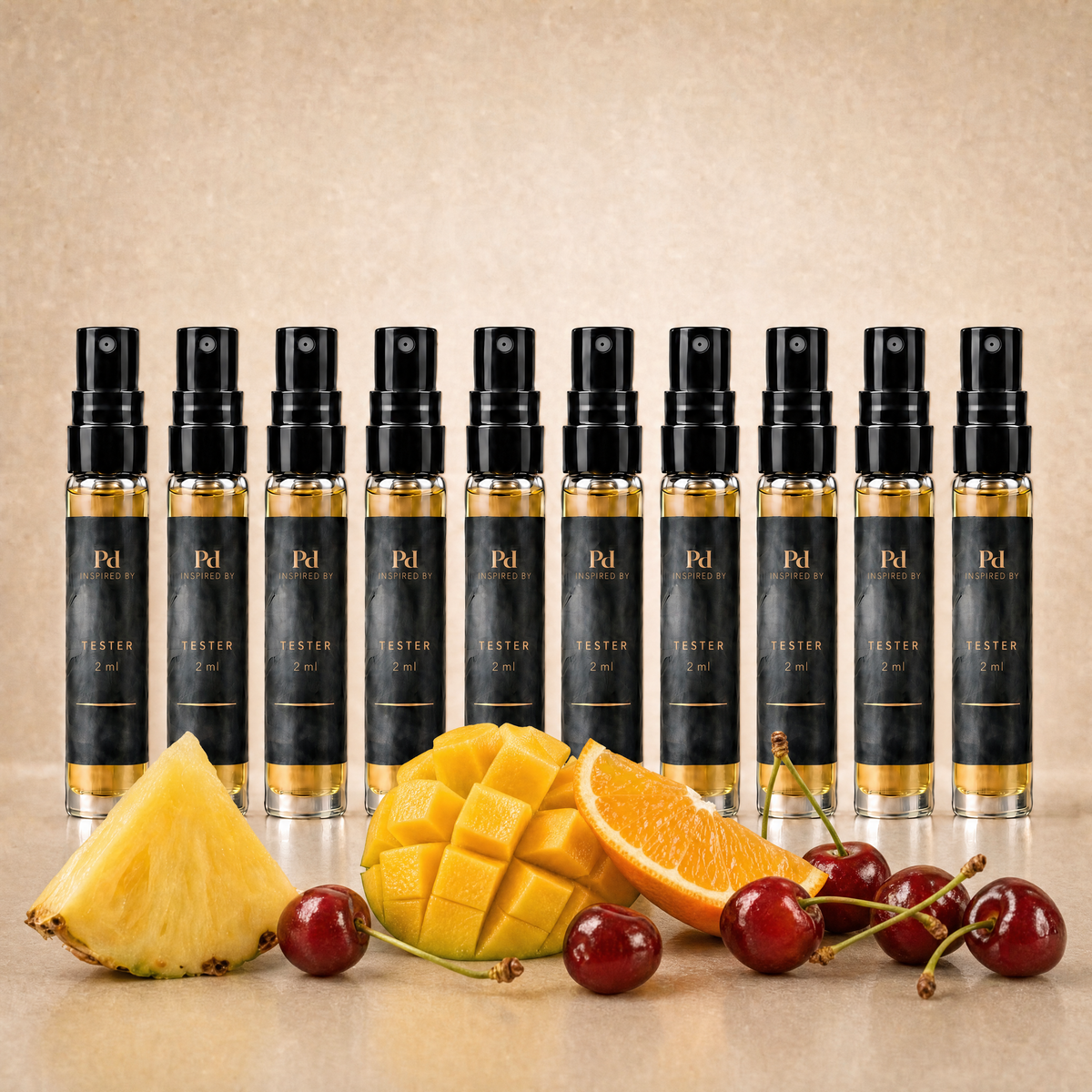 Testkit Fruktig från Perfume Drops – tio 2 ml parfymprover med ananas, mango, apelsin och körsbär