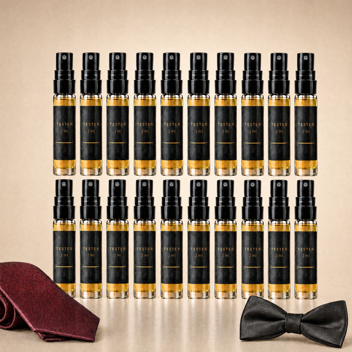 Testkit Herr från Perfume Drops – tjugo 2 ml parfymprover med vinröd slips och svart fluga