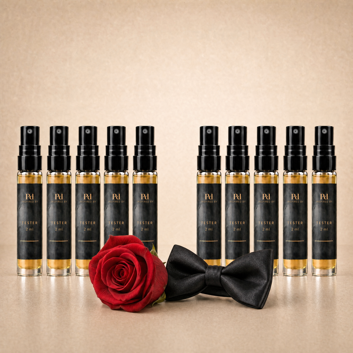 Testkit Hon & Han från Perfume Drops – tio 2 ml parfymprover i två grupper med en röd ros och en svart fluga