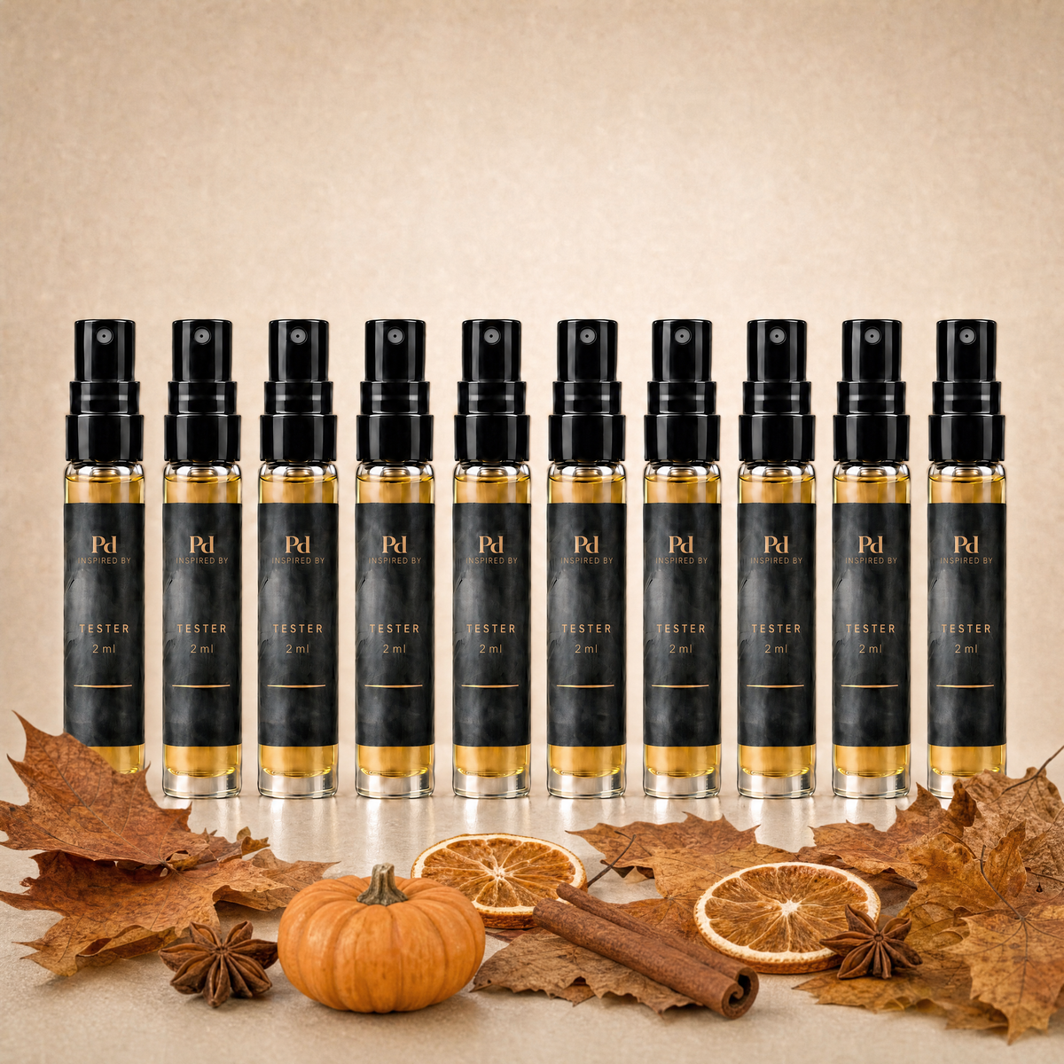 Testkit Höst från Perfume Drops – tio 2 ml parfymprover med höstlöv, kanel, minipumpa, torkade apelsinskivor och stjärnanis