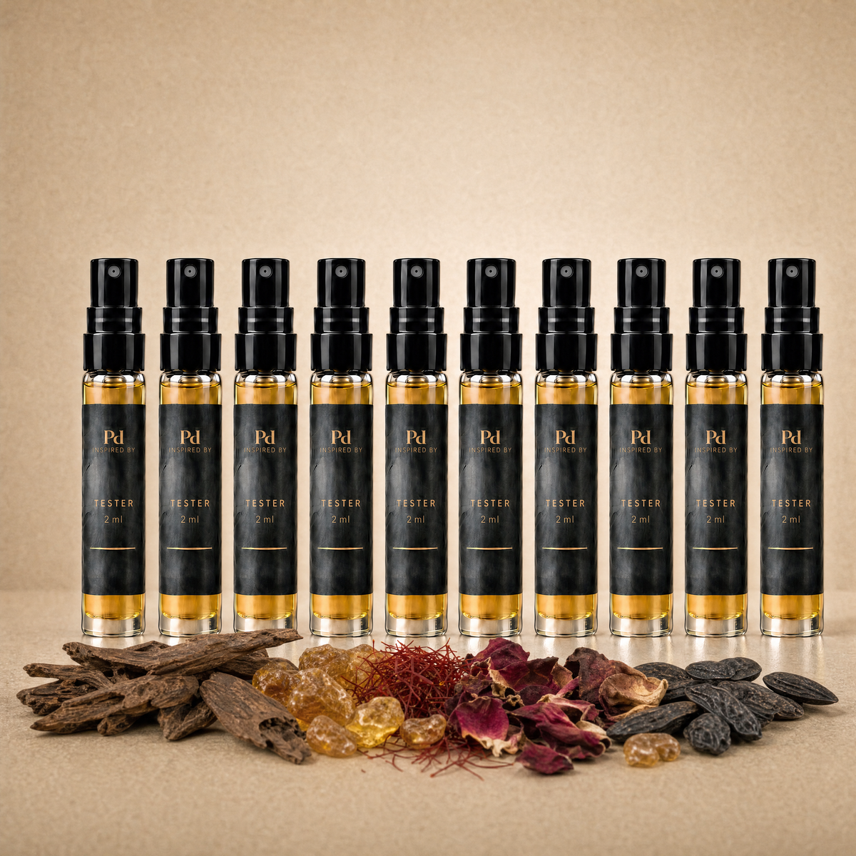 Testkit Oud & amber från Perfume Drops – tio 2 ml parfymprover med oudträ, bärnsten, saffran, rosenblad och tonkabönor