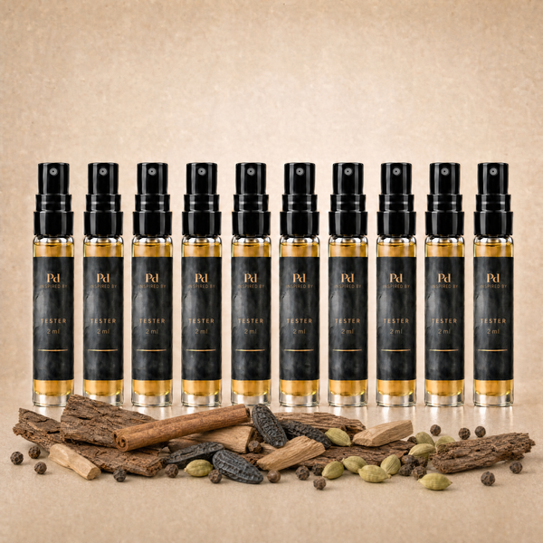 Testkit Träig & kryddig från Perfume Drops – tio 2 ml parfymprover med bark, sandelträ, kanel, tonkabönor, kardemumma och svartpeppar