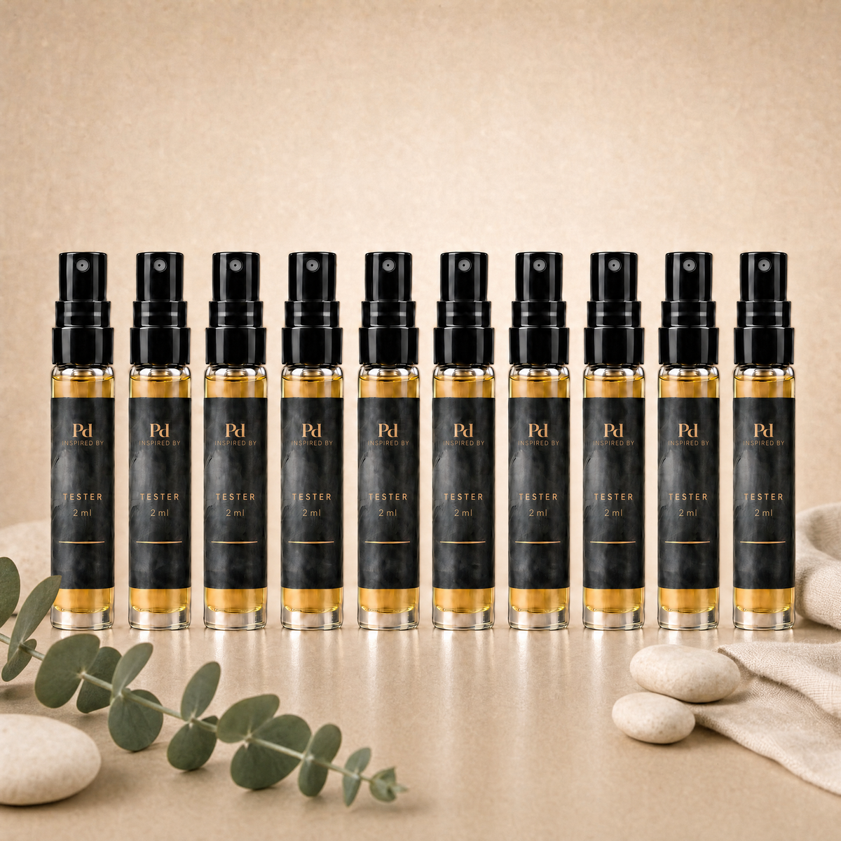Testkit Unisex från Perfume Drops – tio 2 ml parfymprover med eukalyptus, vita stenar och linneduk