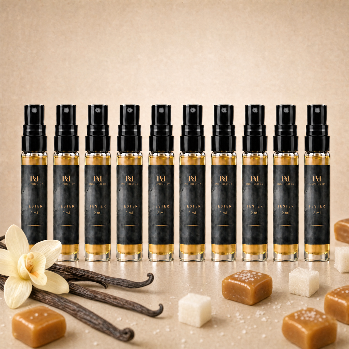 Testkit Vanilj & gourmand från Perfume Drops – tio 2 ml parfymprover med vaniljstänger, vaniljorkidé, kola och sockerbitar